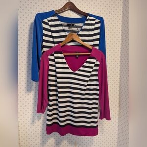Worthington 2 Shirts Women's size M tops black white stripe blue pink sleeve